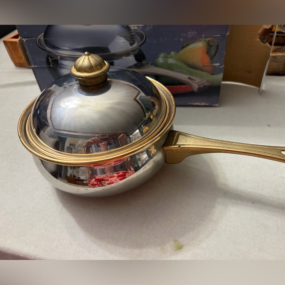 Stainless Steel Saucepan with Gold-Tone Handle and Lid vintage